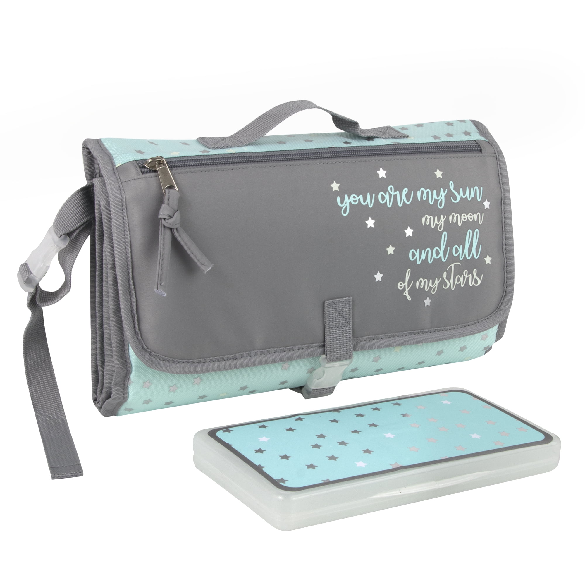 Baby Essentials, Travel Changer - Girl, Boy with Padded Head Rest, Wipes Dispenser, Mint - Grey/Blue