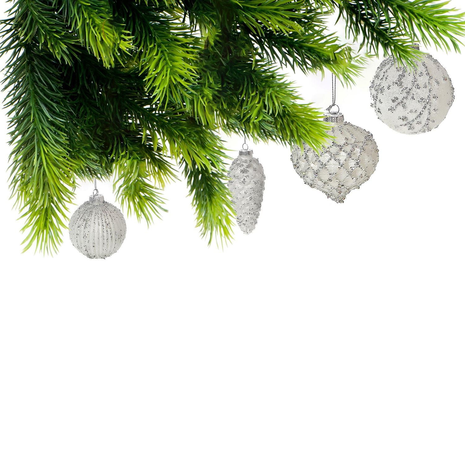 White Glass Ornament With Silver Glitter - Set of 12