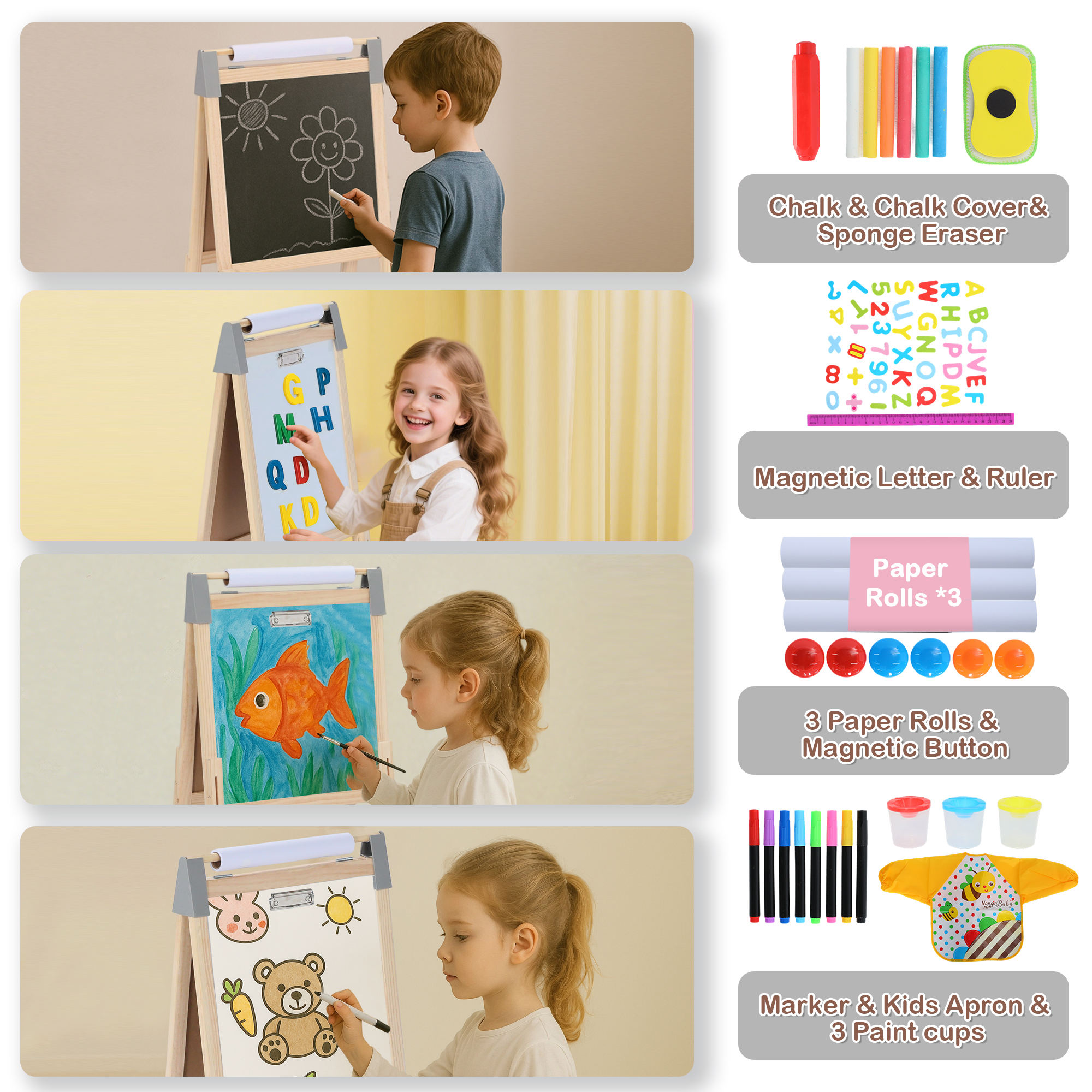 LINLUX Double-Sided Art Easel for Kids, 3 in 1 Wooden Kids Easel w/Paper Roller & Art Supplies, Grey