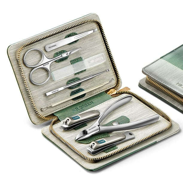 MR.GREEN Juegos de manicura Kits de pedicura Cortaúñas de acero inoxidable Herramientas de cuidado personal con estuche de cuero PU (verde)