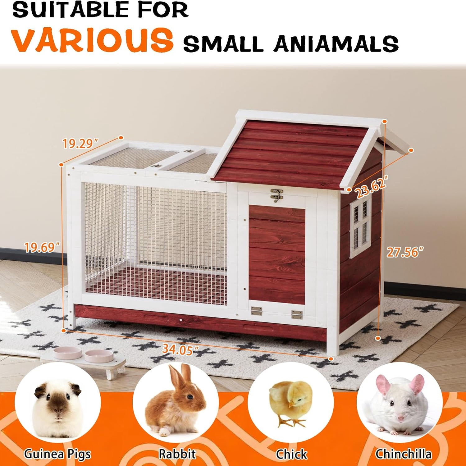 Ataujin Large Outdoor Rabbit Hutch, 2-Story Bunny Cage with Removable Wire Netting, Wooden Pet House, Waterproof Roof & Pull-Out Tray& Anti-Chew Metal Frame Ramp