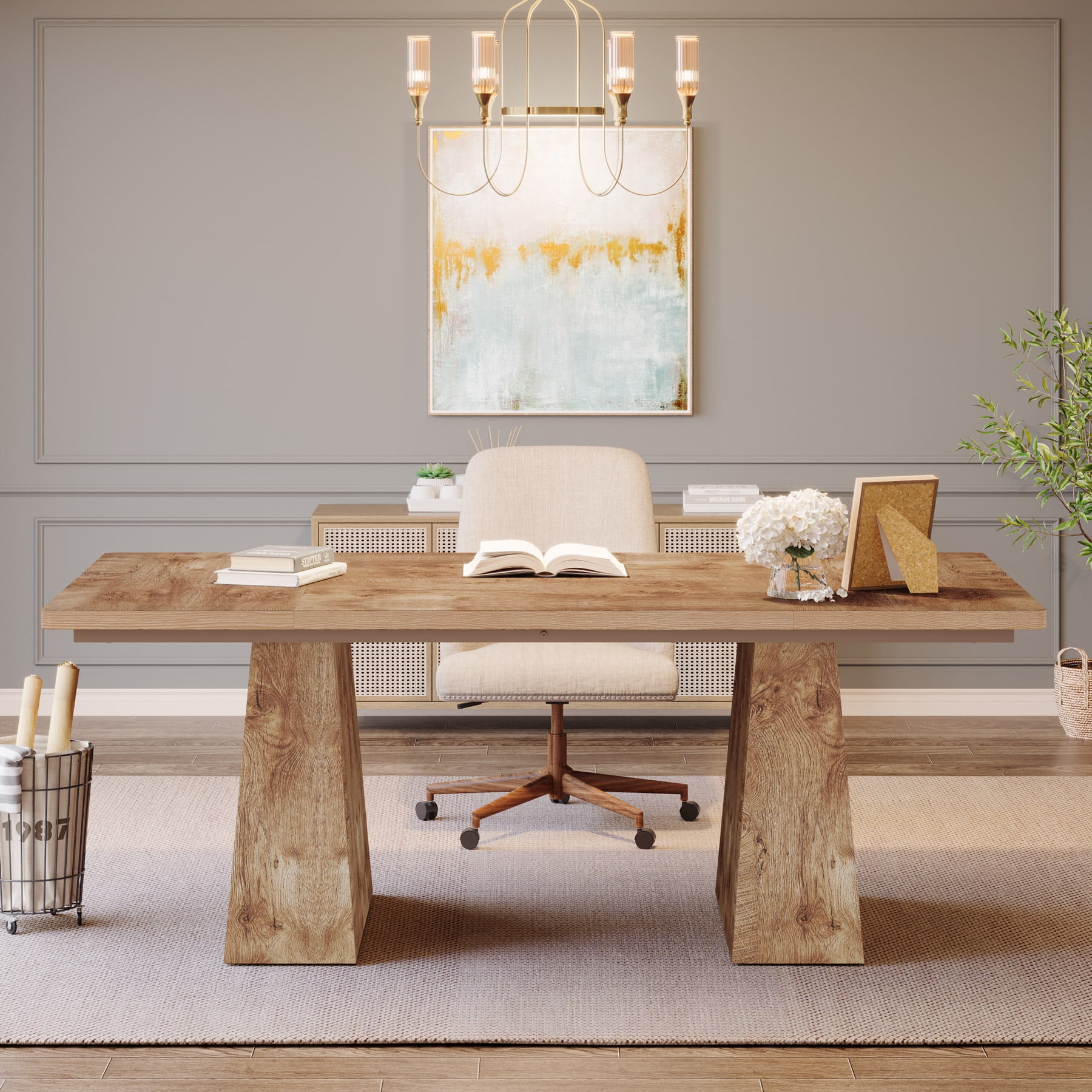 Tribesigns 63" Executive Desk, Modern Office Computer Desk with Double Pedestal, Large Simple Workstations Writing Table Conference Table, Natural