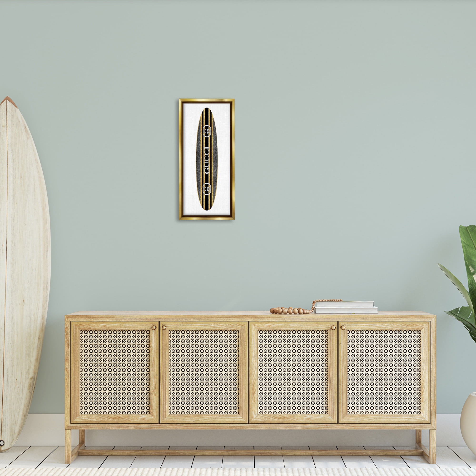 Stupell Industries Glam Brand Surfboard Nature Painting Gold Floater Framed Canvas Art Print Wall Art, 11 x 25