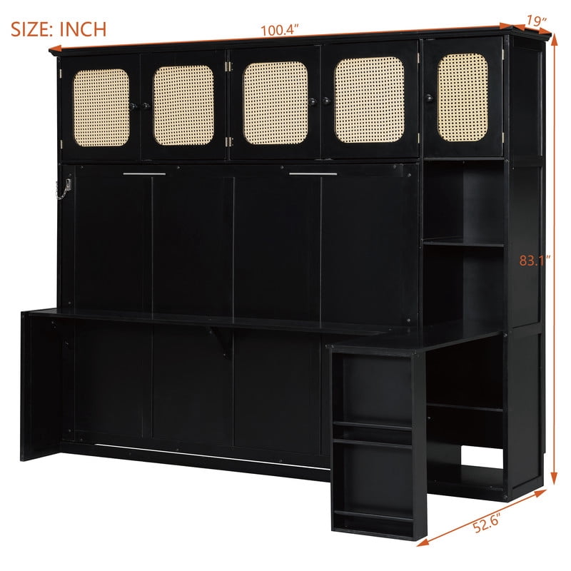 Full Size Murphy Bed with Desk and Open Shelf, Space-Saving Wall Folding Platform Bed Frame with Rattan-Door Cabinets