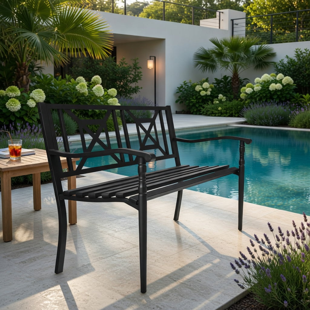 Hommoo Outdoor Patio Garden Bench, Modern Classic Design Heavy-Duty Powder-Coated Steel Bench for Backyard, Poolside & Balcony, Black