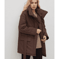 thumbnail image 5 of Women's Stand Collar Puffer Pattern Cotton Jacket Belt Button Up Long Sleeve Warm Coat Winter Outerwear, 5 of 7