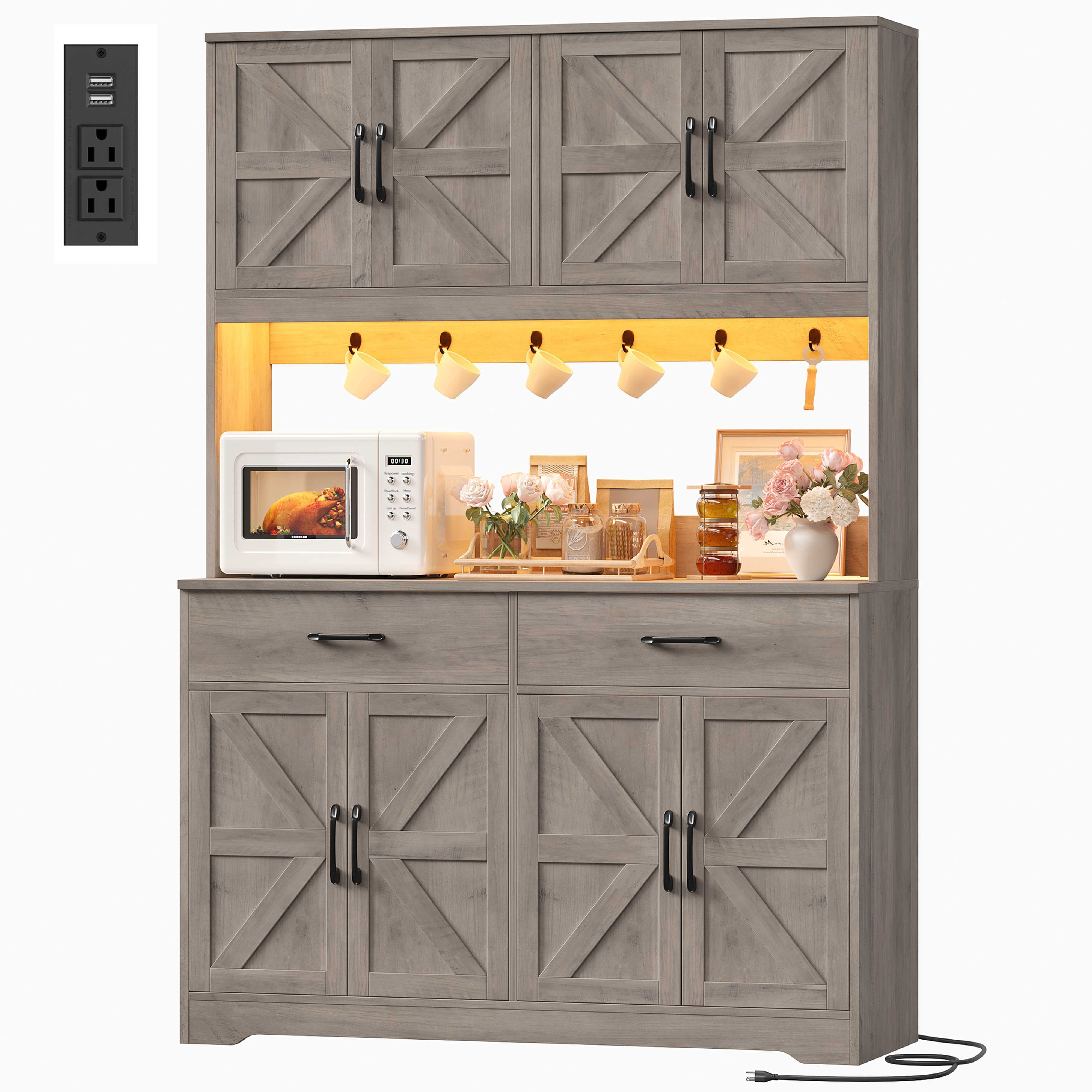 Hiphuta 71" Tall Kitchen Pantry Storage Cabinet with RGB LED and 6 Metal Hooks, Farmhouse Coffee Bar Cabinet with Charging Station, Buffet with Hutch and Microwave Stand, Gray
