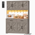 thumbnail image 3 of Hiphuta 71" Tall Kitchen Pantry Storage Cabinet with RGB LED and 6 Metal Hooks, Farmhouse Coffee Bar Cabinet with Charging Station, Buffet with Hutch and Microwave Stand, Gray, 3 of 7