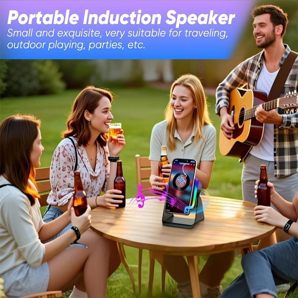 5-in-1 Wireless Induction Bluetooth Speaker with Adjustable Phone Stand, Ambient Light, Rechargeable Speakers Amplifier for iPhone, Home Mini Portable Holder Desktop, (Black*1)