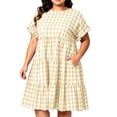 thumbnail image 2 of CALAFEBILA Beach Dress Lattern Short Sleeve O-neck Plaid Midi Sun Dress Swing Long Dresses for Junior, 2 of 9
