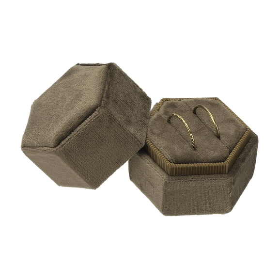 Velvet Ring Box, 2 Slot Hexagon Wedding Ring Display Holder Box Jewelry Ring Gift Case for Wedding Ceremony Proposal Engagement, Coffee
