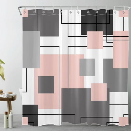 Black and White Geometric Shower Curtain Decor, Abstract Mid Century Modern Grey and Pink Shower Curtains for Bathroom 72X78 inch Polyester Fabric Bathroom Decoration Bath Curtains Hooks Included