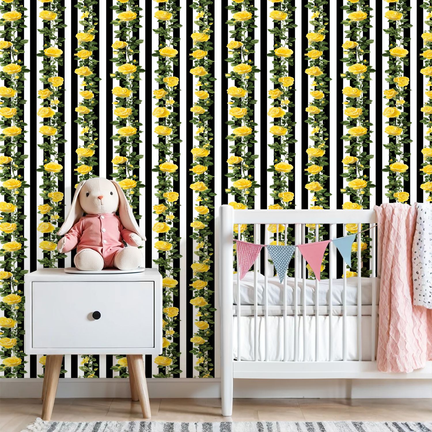 Flower Peel and Stick Wallpaper 23.6in x 9.8ft Yellow Roses Black White Striped Contact Paper Vinyl Waterproof Self Adhesive Wall Paper for Bedroom Shelf Cabinet Renter Friendly