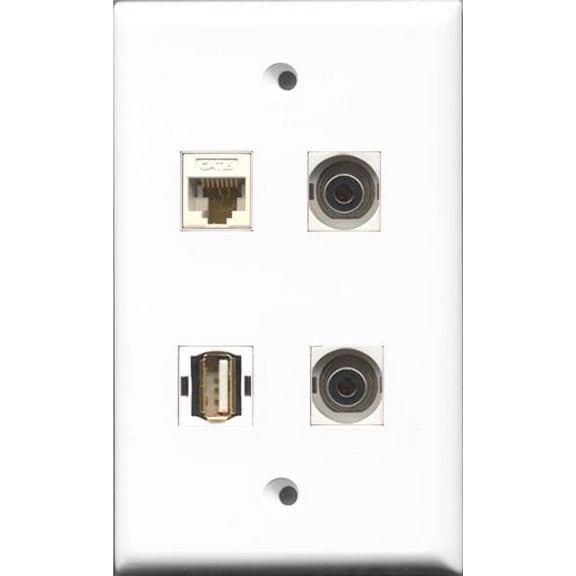RiteAV 1 Port USB A-A 2 Port 3.5mm and 1 Port Cat6 Ethernet White Wall Plate