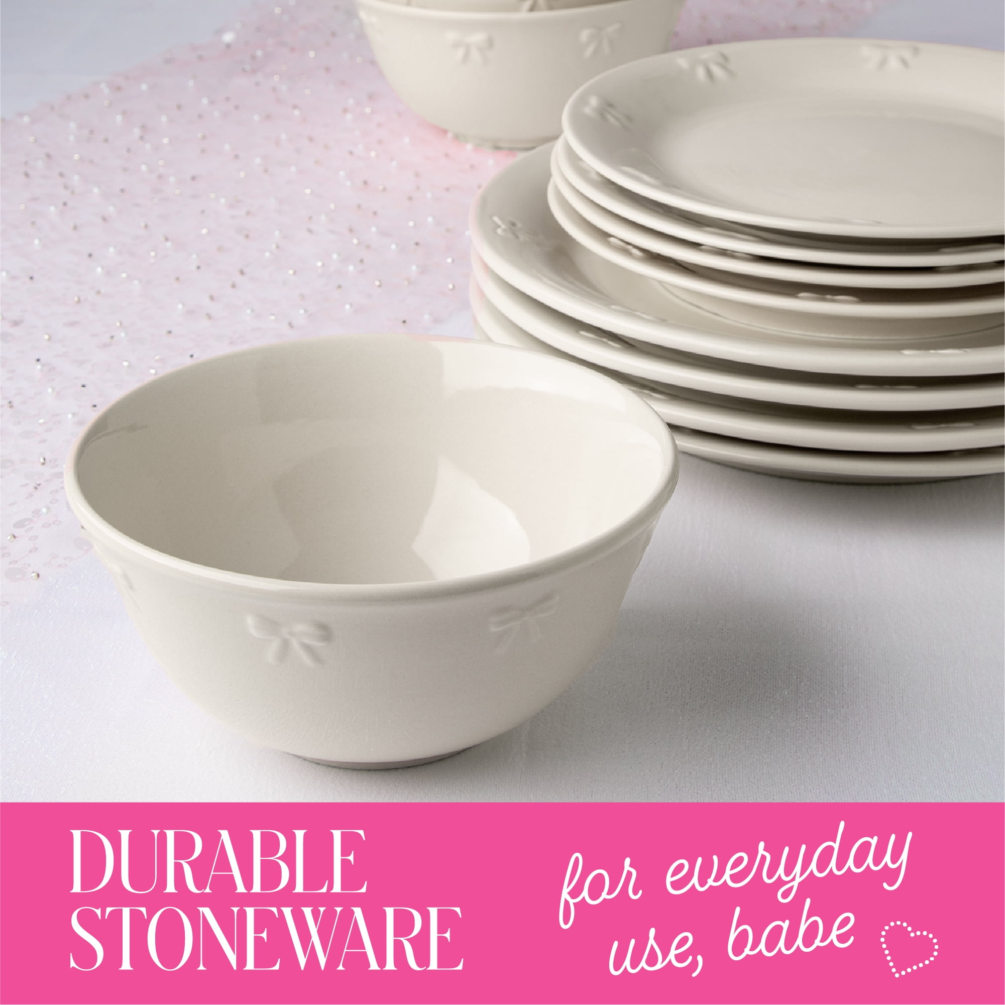 Paris Hilton London Collection 12-Piece Stoneware Dinnerware Set, Plates & Bowls Dish Set, Service for 4, Microwave & Dishwasher Safe, White with Bow Design