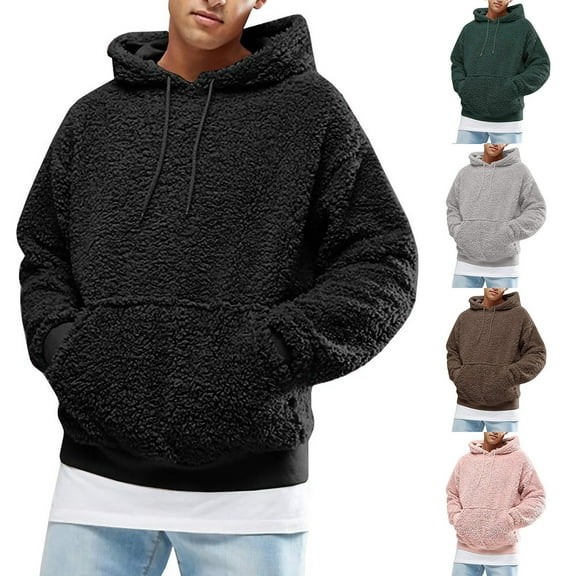 Momasggi Men's Fuzzy Sherpa Hoodie Loose Cozy Long Sleeve Drawstring Hooded Sweatshirts Solid Color Fall Winter Outdoor Pullover Tops with Pockets Coffee XL