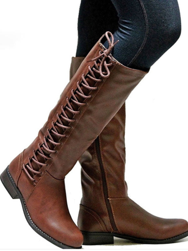 2018 Womens Round Toe Lace Up Chunky Riding Shoes Slim Fashion Knee High Boots