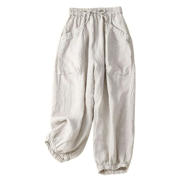 Womens Travel Pants Cotton And Linen Casual Harem Pants Versatile Large Pocket Wide Leg Nine Point Casual Trousers Soft & Comfortable L Pants For Women