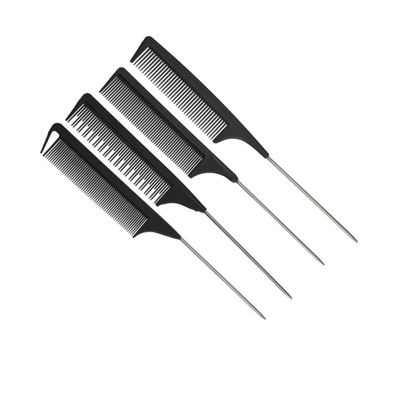 Vocoste 4 Pcs Tail Comb for Home Use Styling Comb Steel Handle Hair Combs Black
