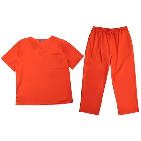 

Tropi Mens Scrub Sets - Four Pocket Medical Scrubs Uniform (V-Neck with Cargo Pant) (Orange Medium)