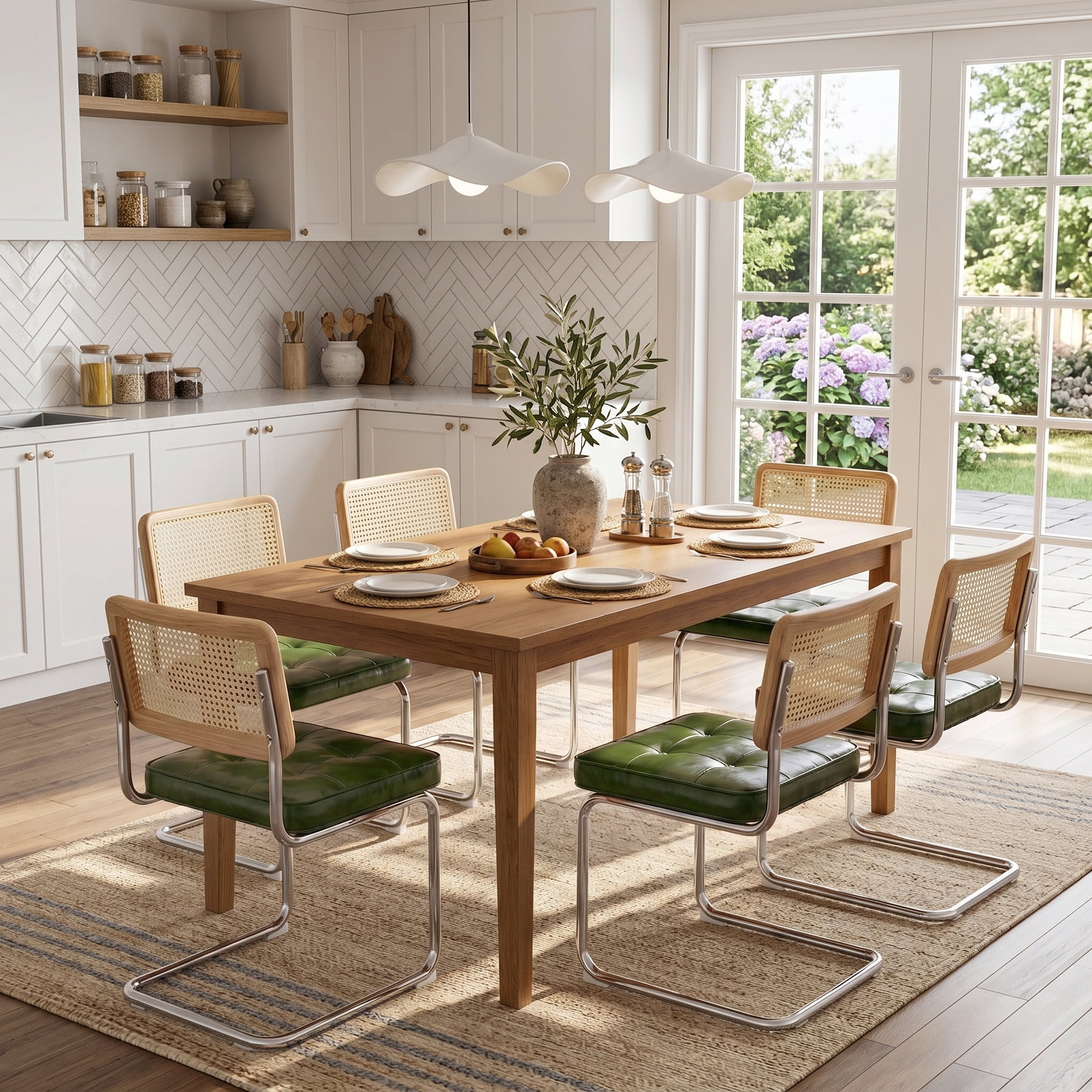 Zesthouse Rattan Dining Chairs Set of 4, Faux Leather Upholstered Side Chairs with Cane Back and Chrome Legs, Mid-Century Modern Dining Living Room Kitchen Chairs, Green
