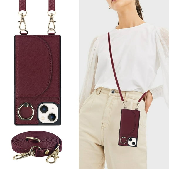 Jiahe Cover Case Design for iPhone 14 Pro, PU Leather Wallet Case With Adjustable Detachable Lanyard Crossbody Strap Ring Holder Kickstand Card Slot Shockproof Cover, Winered