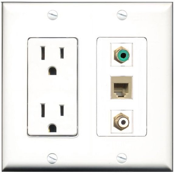 RiteAV - 15 Amp Power Outlet 1 Port RCA White 1 Port RCA Green 1 Port Phone Beige Decorative Wall Plate