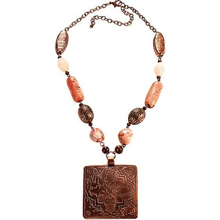 Alexa Starr Burnished Copper Square Pendant Necklace With Glass, Wood And Copper Accents