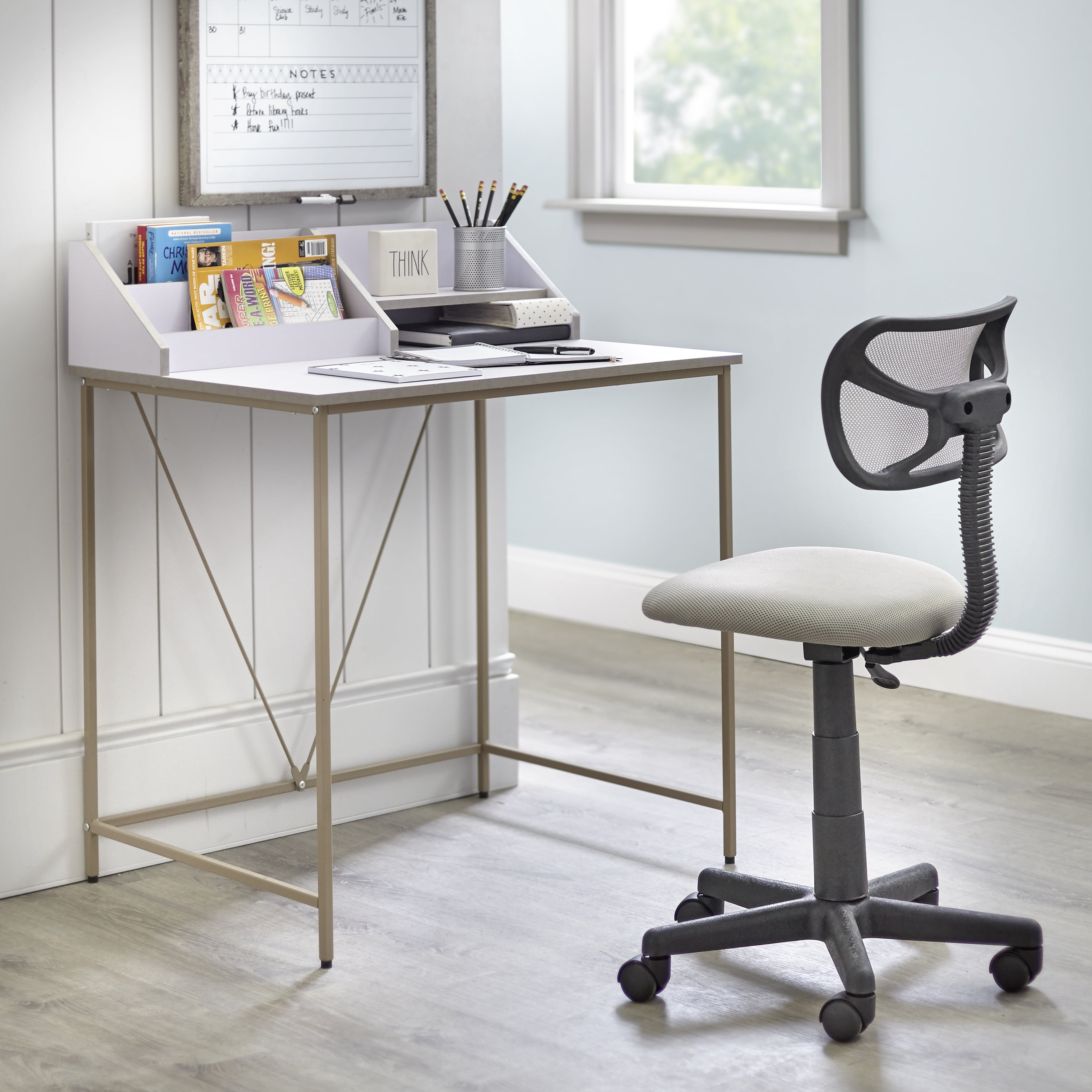 TMS Quincy Kids Writing Desk with Hutch and Swivel Task Chair, White/Gray