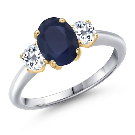Gem Stone King 925 Silver and 10K Yellow Gold Blue Sapphire and White Topaz Engagement Ring for Women | 2.46 Cttw | Oval 8X6MM | Gemstone September Birthstone | Size 9