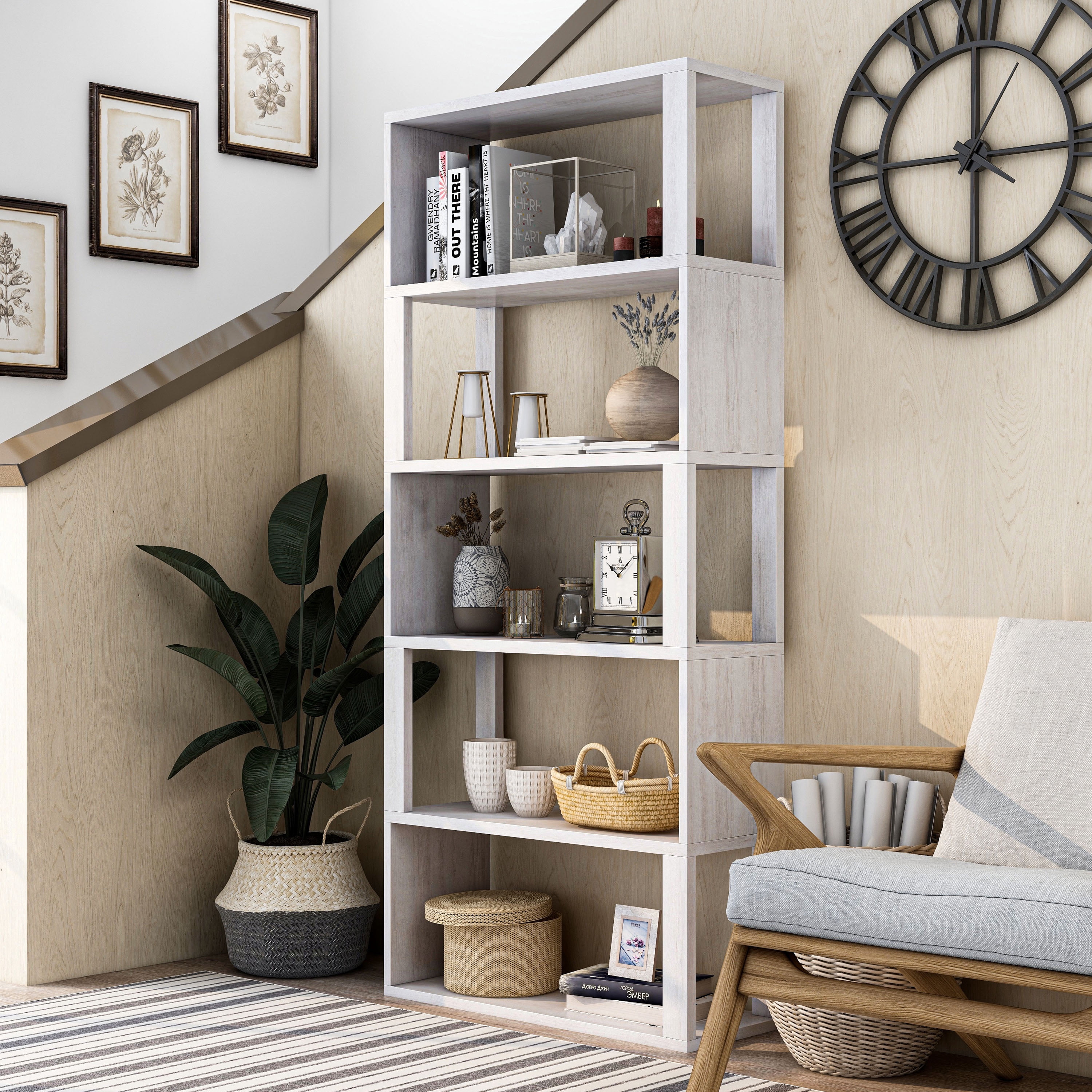 Furniture of America Riverscape 5 Open Shelf Bookcase, White Oak