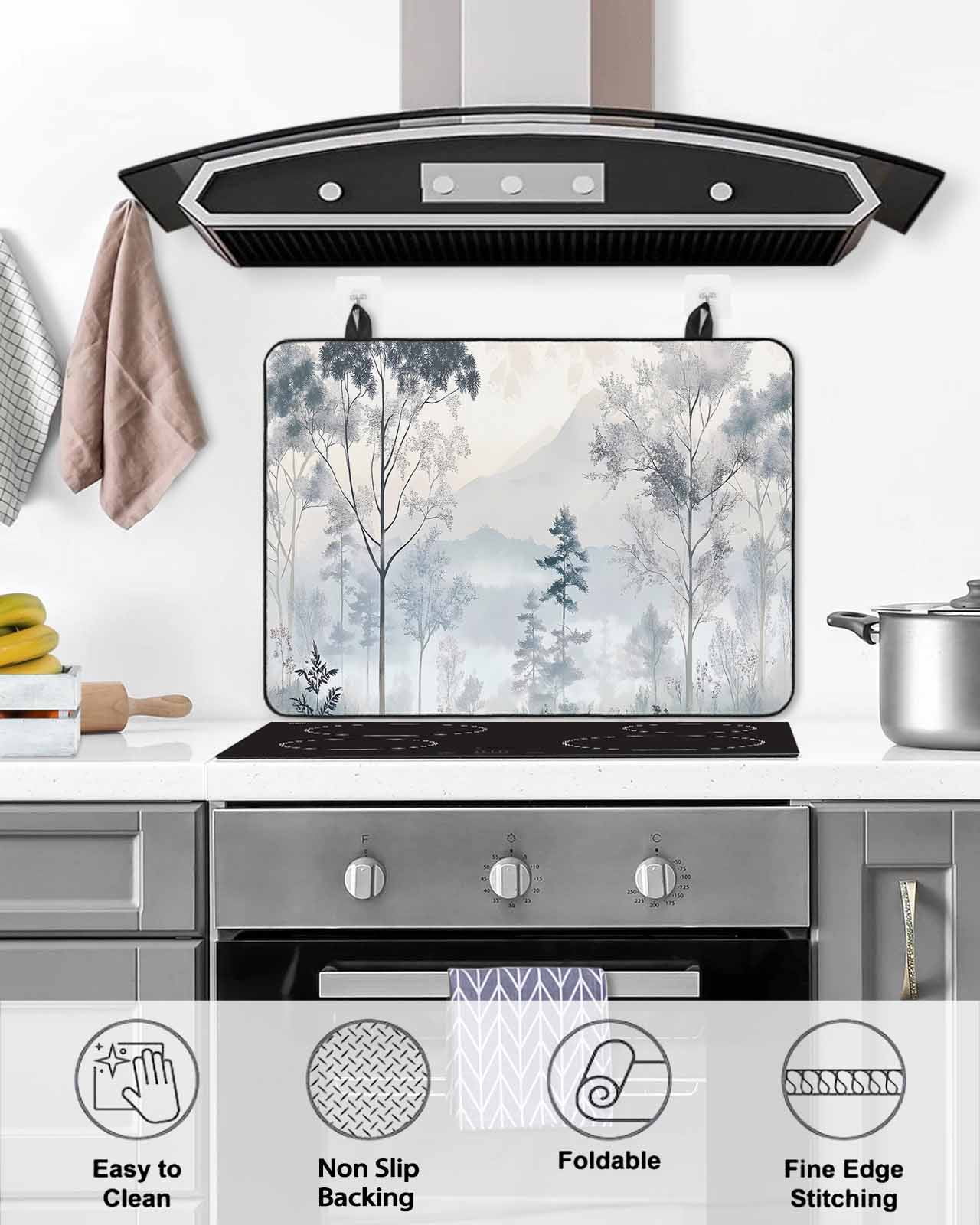 nqOlkjepod Large Induction Cooktop Protector Mat 24"x21", Gray Ombre Forest Stove Top Covers for Electric Stove, Watercolor Trees Mountain Decorative Stove Burner Cover Mats, Glass Top Stove Cover