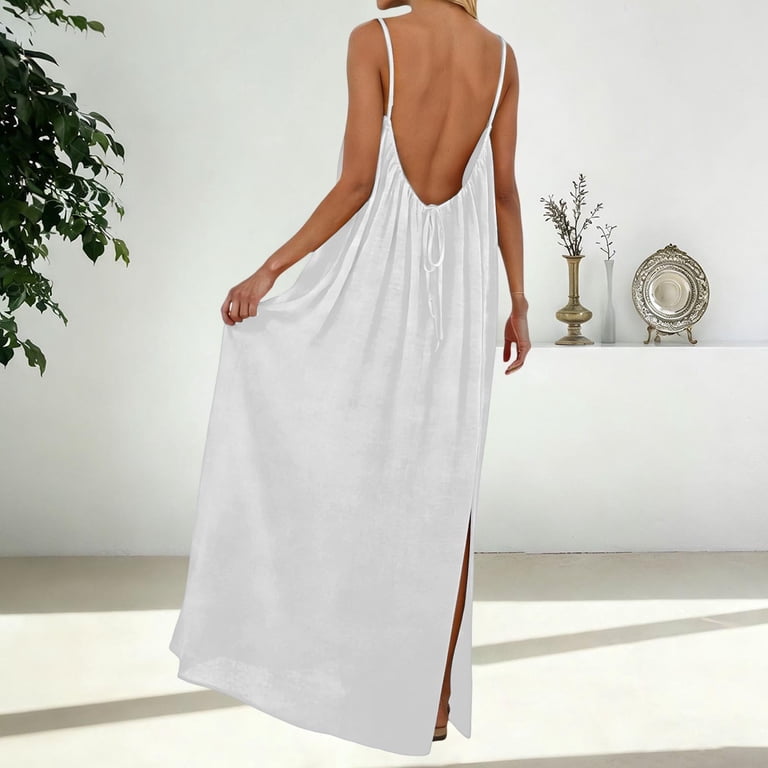 Letdown Women's Backless Cami Maxi Dress with Back Tie - Sleeveless Lounge & Sundress | Boho Split Long Dress