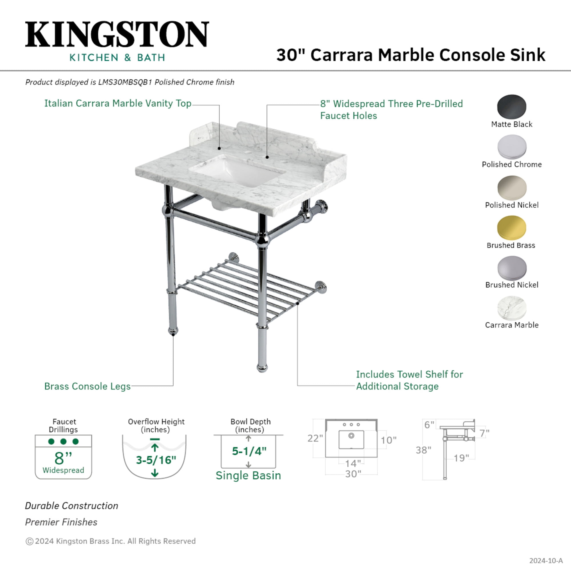 Kingston Brass LMS30MBSQB1 Pemberton 30" Carrara Marble Console Sink with Brass Legs and Shelf (8-Inch, 3-Hole), Carrara Marble White/Polished Chrome