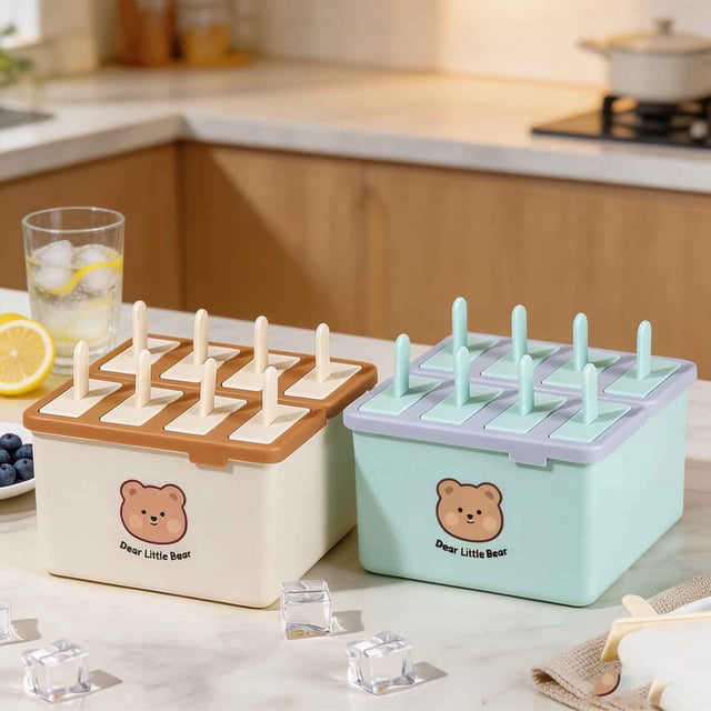 MTBLYS Máquina para hacer paletas heladas de silicona de grado alimenticio con forma de osito adorable y 8 cavidades | Máquina para hacer helados y postres caseros | Tapa a prueba de fugas