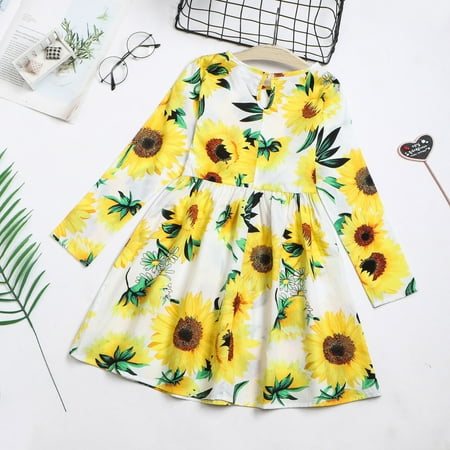 

nsendm Toddler Kids Girls Floral Sunlowers Long Sleeves Beach Litter Big Girl Flower Dress Princess Bow Party Wedding Gowns Dress White 7-8 Years