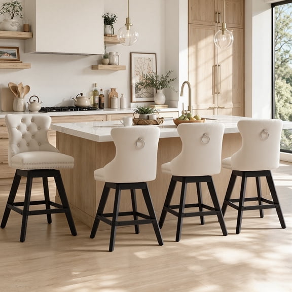 Swivel Bar Stools Set of 4, 26" Counter Height Bar Stools with Back, Farmhouse Velvet Barstools for 34–38" Kitchen Island, Beige (Set of 4)