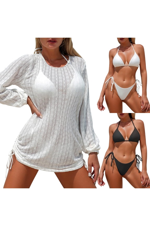 3 Piece Bikini Sets for Women Tummy Control Swimsuits for Women Bikini Eyelet Regular Fit Swim Coverup
