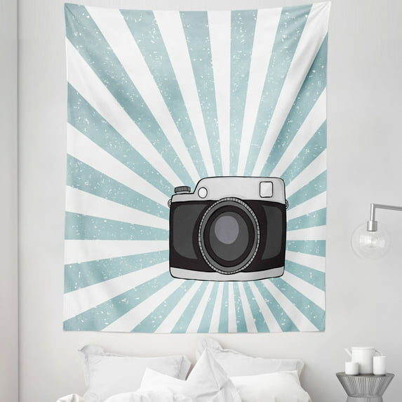 Camera Tapestry, Retro Pop Art Style Photo Device for Recording Videos and Images Grunge, Fabric Wall Hanging Decor for Bedroom Living Room Dorm, 5 Sizes, Dark Blue Grey White, by Ambesonne