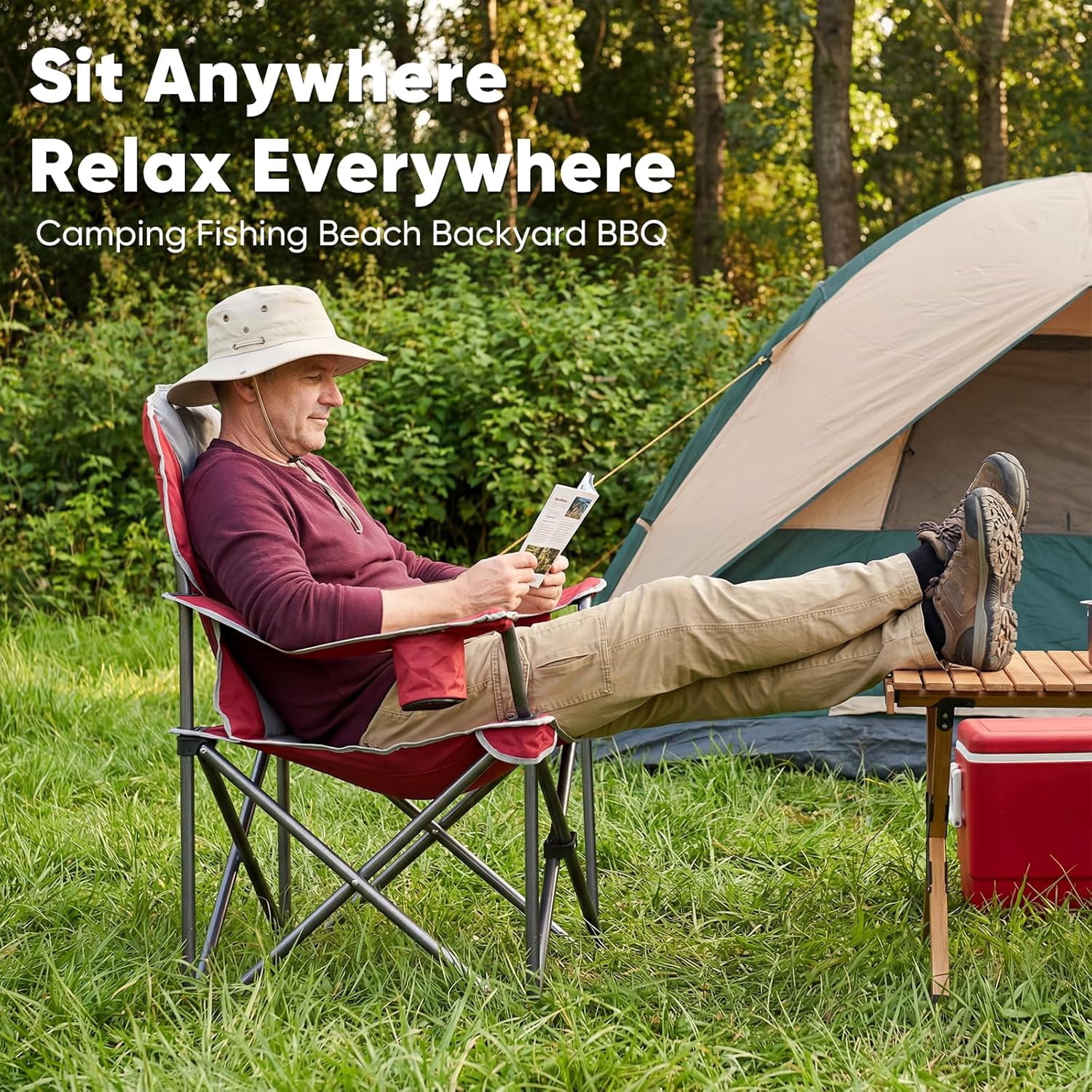 2 PCS Oversized Camping Chair, Folding Chairs with Padded Back and Armrest, Steel Frame with Cooler Bag, Storage Netting Cup Holder, Red