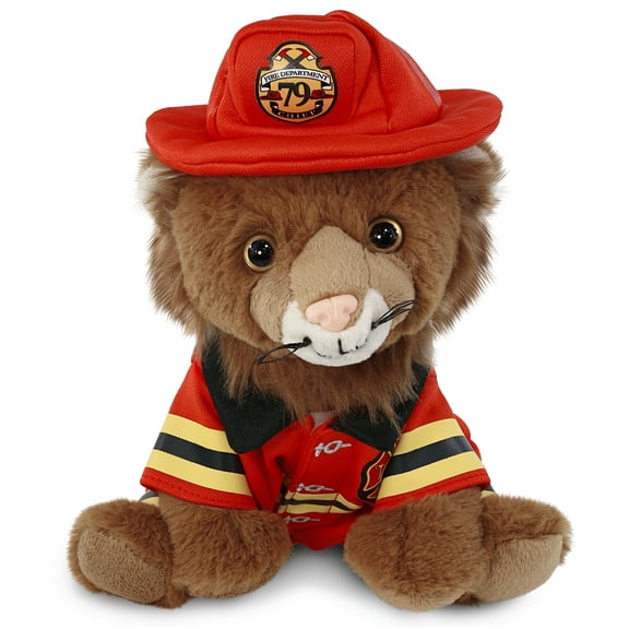 DolliBu Squat Lion Firefighter Stuffed Animal - Lion Fireman Toy with Red Fireman Costume Outfit and Fireman Hat, Cute Wild Life Stuffed Animal Fire Fighter Doll Plush Toy for Kids - 8 Inch