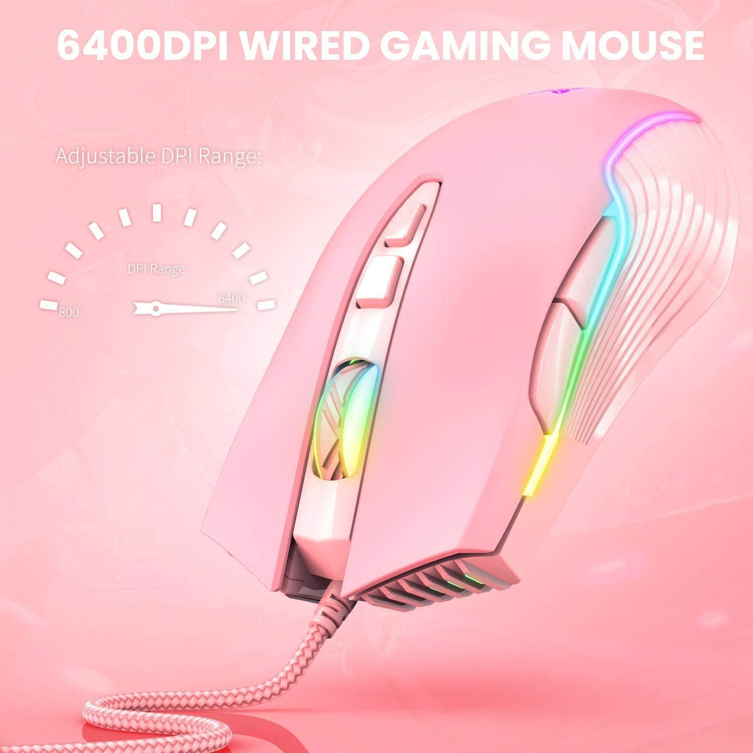 RGB Gaming Wired, USB Optical Computer Mice with RGB Backlit, 6 Adjustable DPI Up to 6400, Ergonomic Gamer Laptop PC with 7 Programmable Buttons for Windows Vista Linux (Pink)
