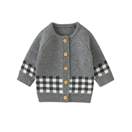 

JYYYBF Infant Baby Girl Boy Fall Coat Plaid Patchwork Button Knit Sweater Cardigan Long Sleeve Warm Jacket Outerwear Gray