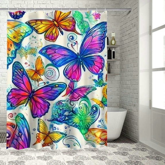 BCIIG Butterflies Pattern Shower Curtain 100% Polyester with Hooks 36"x72
