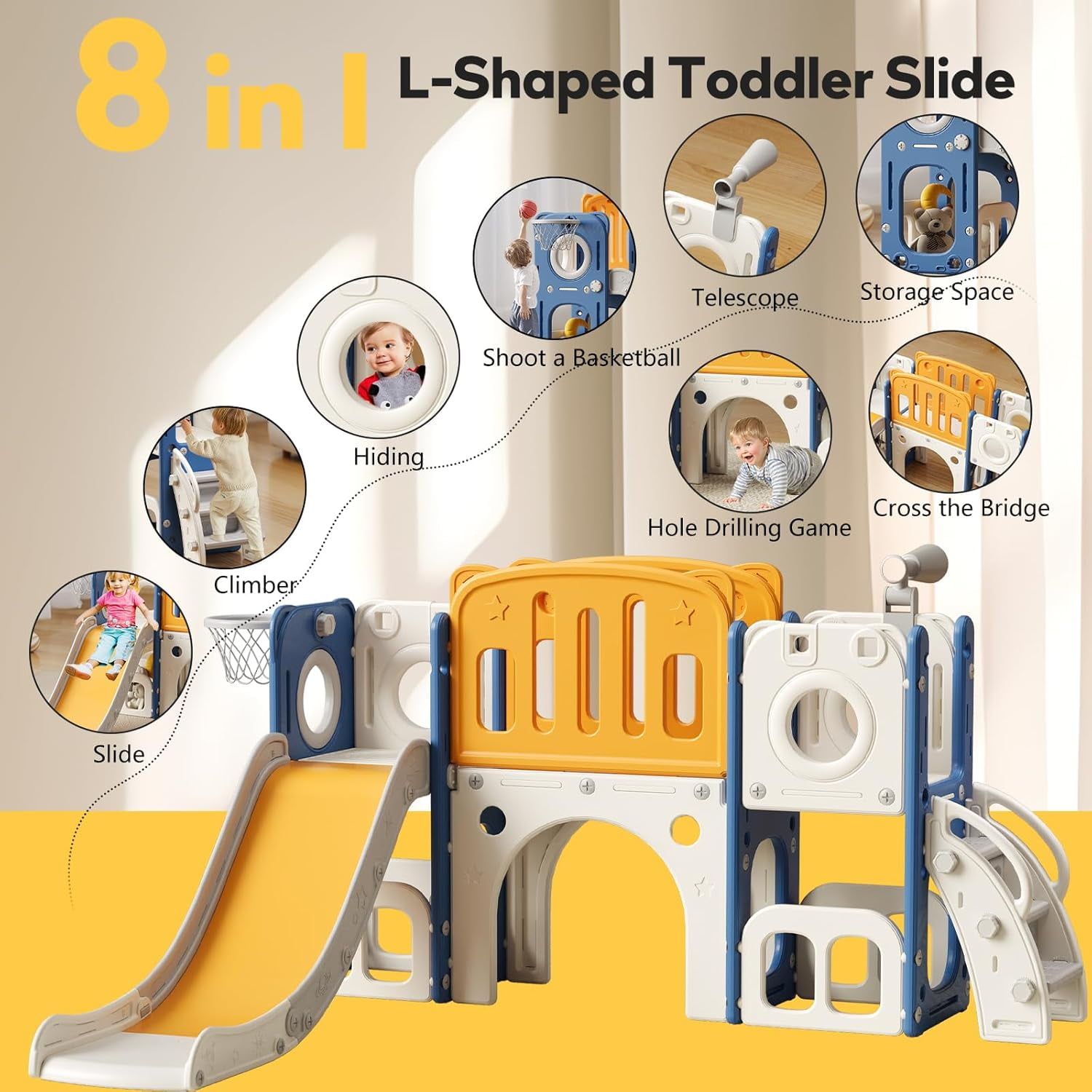 EAYSG 8 in 1 Toddler Dual-Platform Slide,Kids Slide Playset for Toddler,Indoor Outdoor Slide Toddler Playset with Ball & Hoop, Storage Space and Non-Slip Steps (L/Blue Orange)