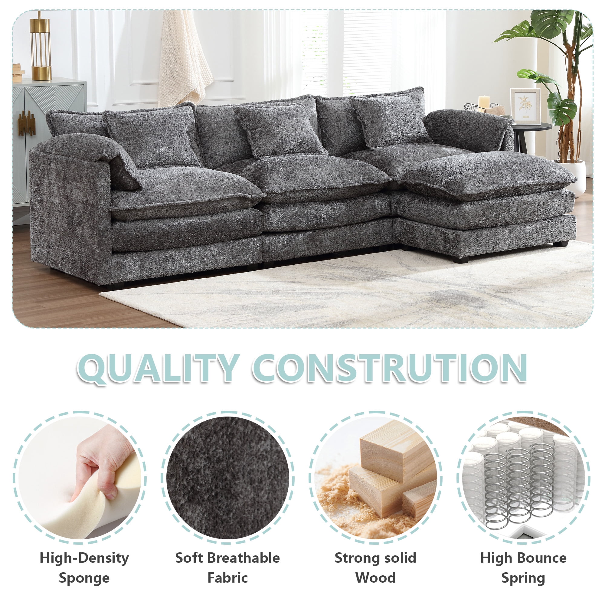 MOONMISS Chenille Upholstered L-Shape Comfy Oversized Modular Sectional Sleeper Sofa with Moveable Ottoman-Gray