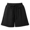 thumbnail image 2 of Vivianyo HD Women's Summer Drawstring Elastic Waist Cuffed Hem Shorts, Solid Loose Textured Casual Short Bottoms for Women, Women's Black, Sizes S-2XL, 2 of 8