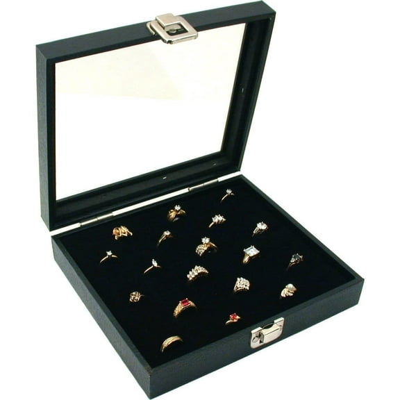 Glass Top Black Jewelry Display Case with 36 Slot Black Ring Display Insert