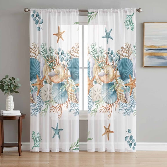 Beach Coastal Sheer Curtains 84 Inch Length 2 Panels Set Window Treatments, Nautical Shell Starfish Coral Summer Rod Pocket Semi Curtains for Living Room/Bedroom/Kitchen Décor, 104"W x 84"L