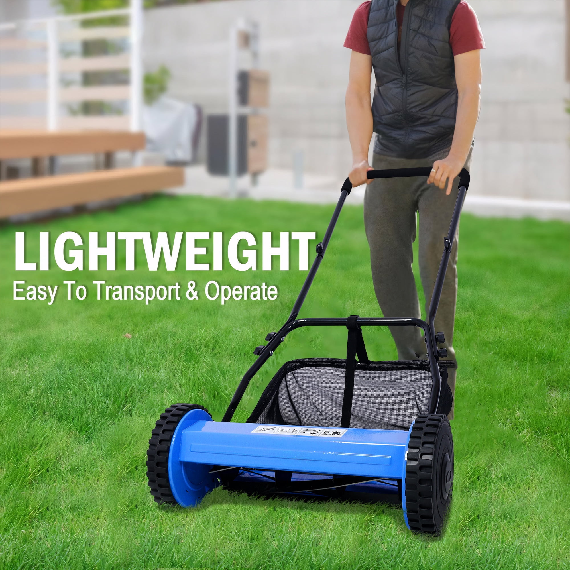 CASEMIOL 14" 5-Blade Manual Push Reel Lawn Mower with Grass Catche, Blue